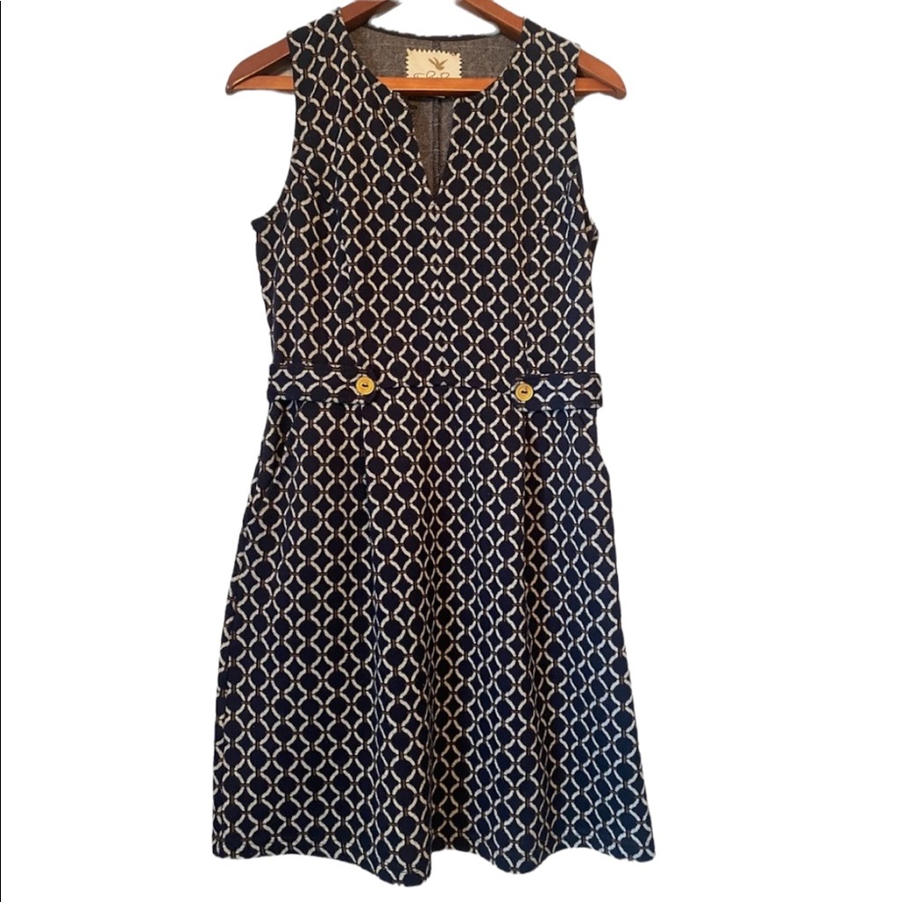 Tabitha Vintage Patterned Sleeveless Side Zip Navy Dress